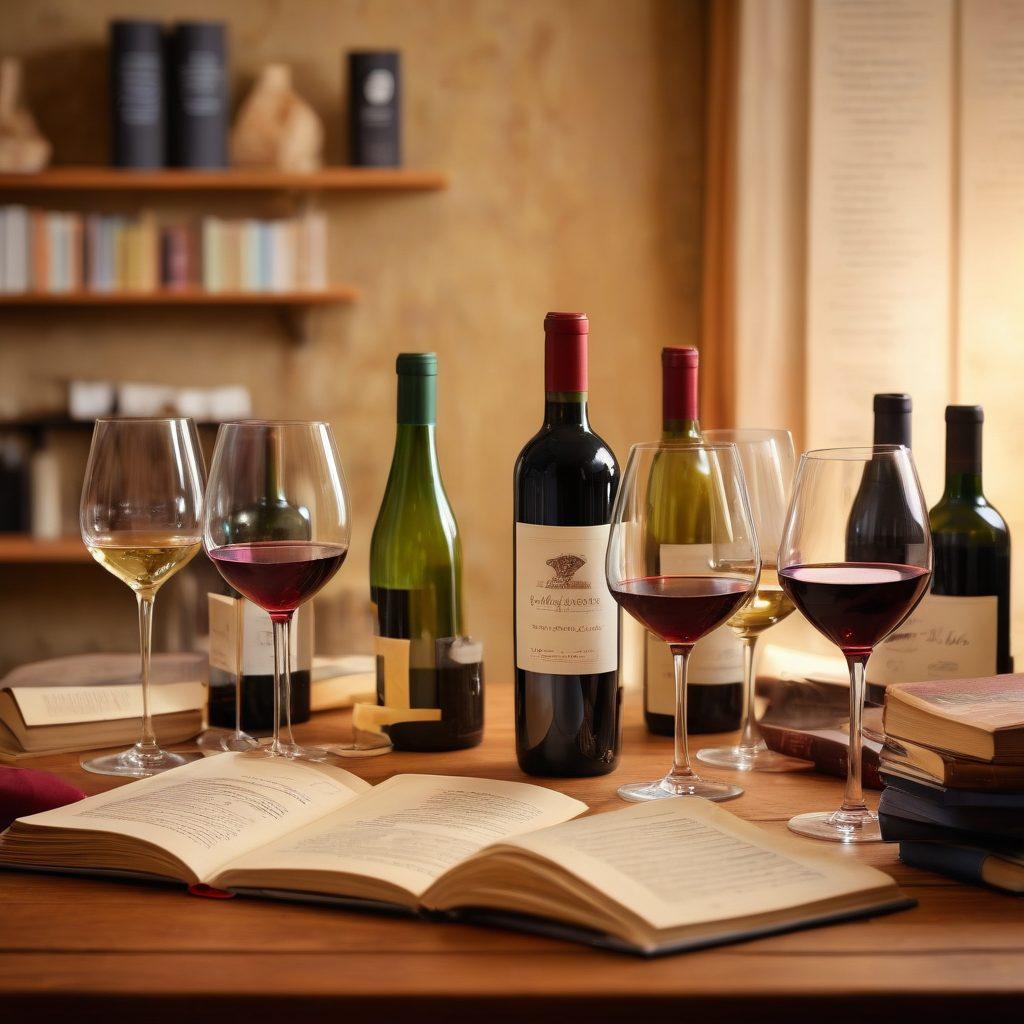 A beautifully arranged table with diverse wine glasses, each filled with different types of wine, surrounded by educational elements like books and wine tasting notes. Soft ambient lighting creates a warm atmosphere, while a corkboard in the background displays colorful wine labels and celebratory quotes. The overall composition radiates joy and sophistication, inviting readers to explore joyful wine experiences in education. super-realistic. vibrant colors. elegant setting.