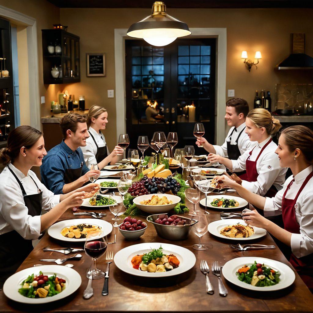 A beautifully set table with elegant wine glasses and a variety of culinary dishes, showcasing the integration of wine appreciation into culinary arts. Surrounding the table, cheerful students and chefs clink their glasses in celebration, with a backdrop of a cozy kitchen. Soft warm lighting enhances the festive atmosphere, while a chalkboard displays wine tasting notes. Vibrant colors. realistic style. warm ambiance.